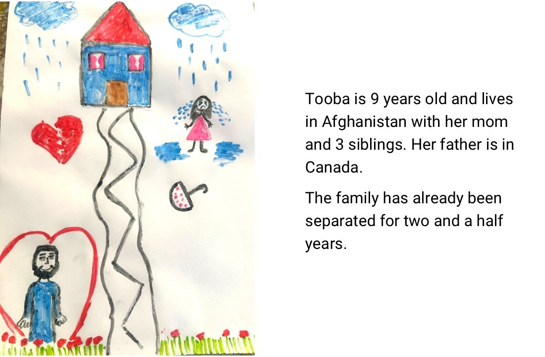Picture by Tooba, crying for her father. Tooba is 9 years old and lives in Afghanistan with her mom and 3 siblings. Her father is in Canada. The family has already been separated for two and a half years.