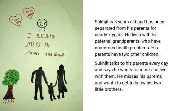 Sukhjit's drawing, with caption "I really miss my Mom and Dad"